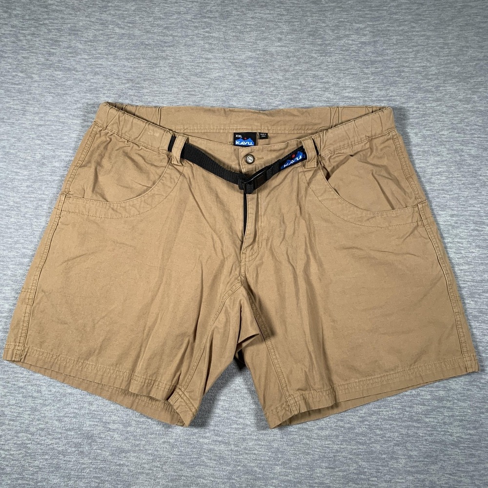 KAVU Shorts Mens 2XL Beige Canvas Chino Belted Adjustable Waist 9 Inch Inseam